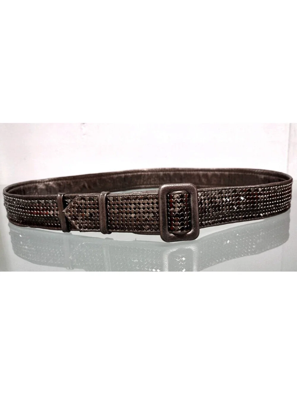 1970s Metal Mesh Olive Metallic Leather Belt Cinch Waist Small 25 / 27